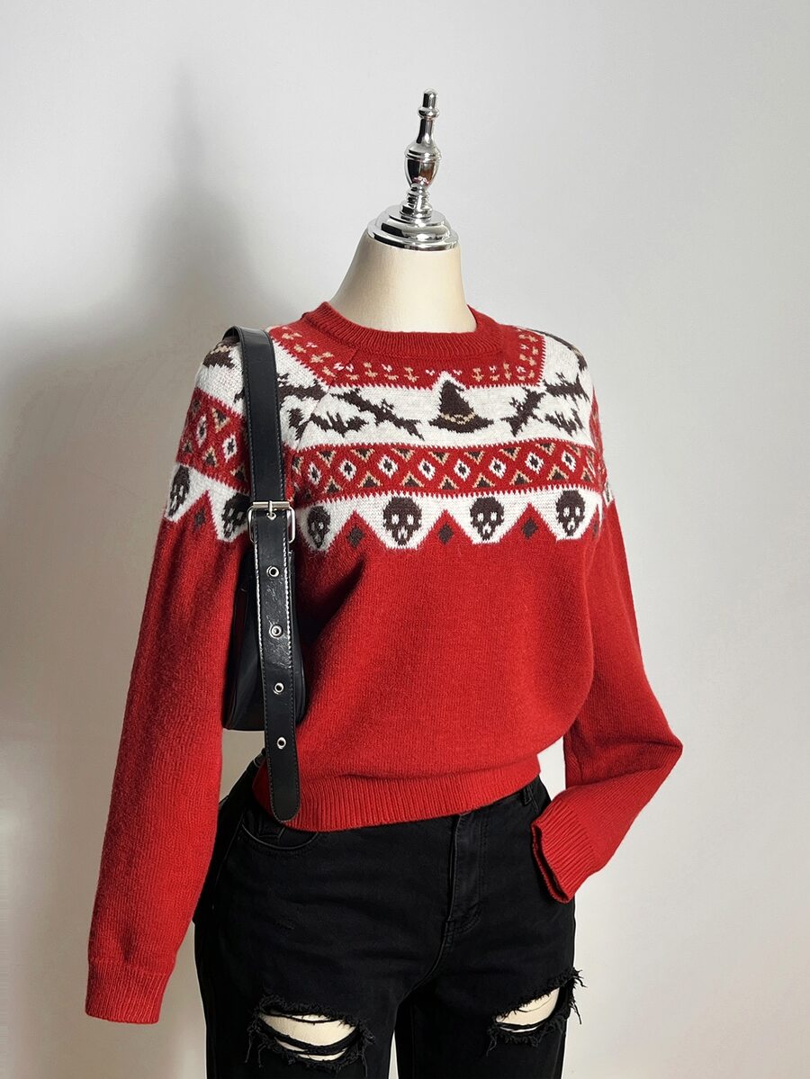Elamini Women's Burgundy Holiday Autumn/Winter Spooky Halloween Pattern Sweater. Halloween Essentials. - Multicolor - View 1