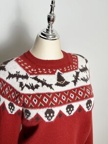 Elamini Women's Burgundy Holiday Autumn/Winter Spooky Halloween Pattern Sweater. Halloween Essentials. - Multicolor - View 3