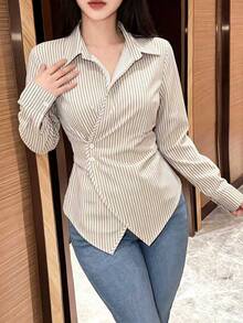 SHEIN 女款素色長袖裹身式襯衫，春秋女式上衣 - 卡其色 - 查看 3