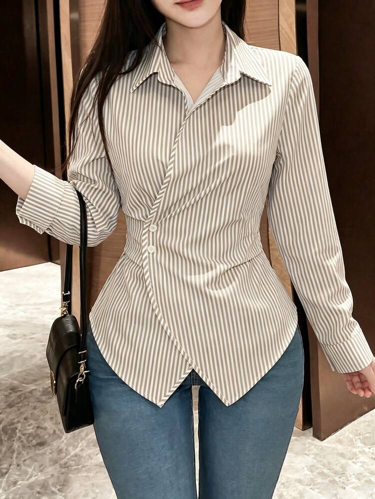 SHEIN Women's Plain Color Long Sleeve Wrap Blouse, Spring Autumn Women Shirt Teachers' Day Office White Casual Elegant - Khaki - View 4
