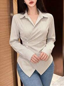 SHEIN 女款素色長袖裹身式襯衫，春秋女式上衣 - 卡其色 - 查看 6