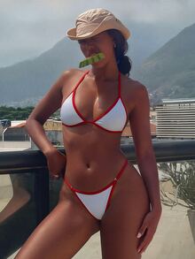 SHEIN Swim Women's Colorblock Trim Swimwear Set - White - View 7