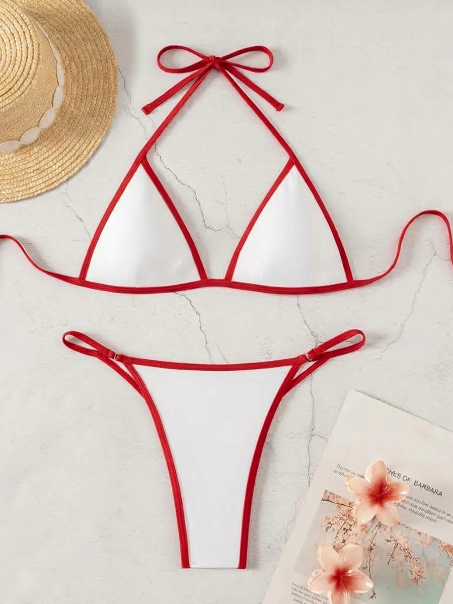 SHEIN Swim Women's Colorblock Trim Swimwear Set - White - View 1