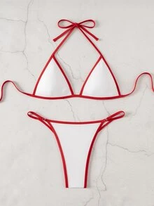 SHEIN Swim Women's Colorblock Trim Swimwear Set - White - View 3