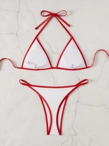 SHEIN Swim Women's Colorblock Trim Swimwear Set - White - View 2