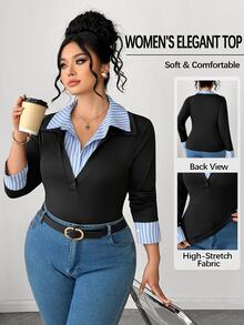 Elenzga Plus Size Women's Casual Smart Contrast Color 2 In 1 POLO Collar Top, Autumn Slim Fit Inner Layer Base Shirt, Office Working Black - Multicolor - View 4