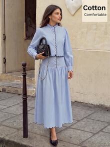 Siren Gaze Autumn/Winter New Pure Cotton Blue And White Striped Stripe Striped Skirt Set For Women Brunch Vacation French Elegant Brunch Tea Party - Blue and White - View 5