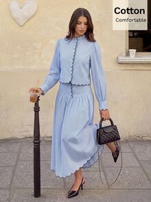 Siren Gaze Autumn/Winter New Pure Cotton Blue And White Striped Stripe Striped Skirt Set For Women Brunch Vacation French Elegant Brunch Tea Party - Blue and White - View 6