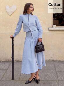Siren Gaze Autumn/Winter New Pure Cotton Blue And White Striped Stripe Striped Skirt Set For Women Brunch Vacation French Elegant Brunch Tea Party - Blue and White - View 2