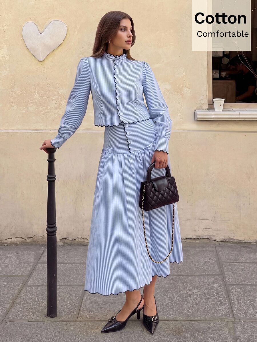 Siren Gaze Autumn/Winter New Pure Cotton Blue And White Striped Stripe Striped Skirt Set For Women Brunch Vacation French Elegant Brunch Tea Party