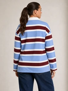 ELLERISSA Plus Size Multicolor Stripe Rugby Polo Shirt With Collar Long Sleeve Top - Multicolor - View 2