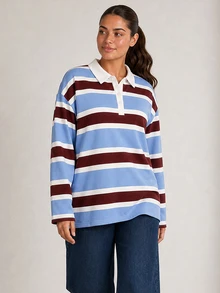 ELLERISSA Plus Size Multicolor Stripe Rugby Polo Shirt With Collar Long Sleeve Top - Multicolor - View 3