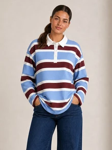 ELLERISSA Plus Size Multicolor Stripe Rugby Polo Shirt With Collar Long Sleeve Top - Multicolor - View 5