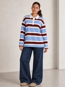 ELLERISSA Plus Size Multicolor Stripe Rugby Polo Shirt With Collar Long Sleeve Top - Multicolor - View 4