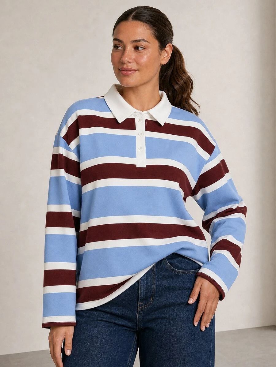ELLERISSA Plus Size Multicolor Stripe Rugby Polo Shirt With Collar Long Sleeve Top - Multicolor - View 1