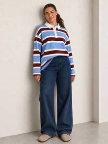 ELLERISSA Plus Size Multicolor Stripe Rugby Polo Shirt With Collar Long Sleeve Top - Multicolor - View 6