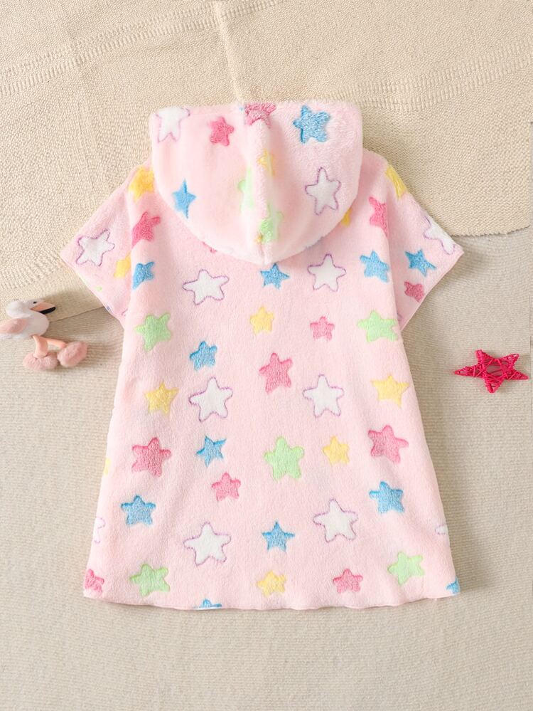 SHEIN Young Girl Autumn/Winter Star Pattern Hooded Cute Comfortable Flannel Moisture-Absorbing Bathrobe, Pajamas, Blanket, Suitable For Various Seasons And Occasions, Such As Bathroom And Beach - Baby Pink - View 8