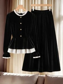 GlowEve CURVE Plus Size Women's Elegant Ruffle Hem Top And Skirt 2 Pieces Set For Daily Commute - Black and White - View 7