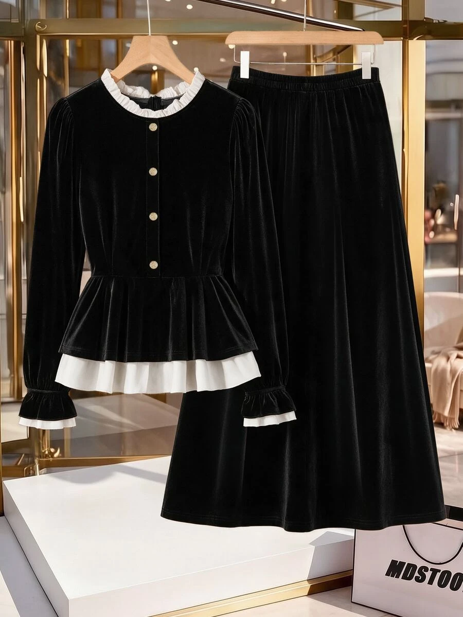 GlowEve CURVE Plus Size Women's Elegant Ruffle Hem Top And Skirt 2 Pieces Set For Daily Commute - Black and White - View 1