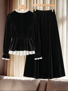 GlowEve CURVE Plus Size Women's Elegant Ruffle Hem Top And Skirt 2 Pieces Set For Daily Commute - Black and White - View 2