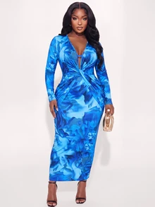 Poshavie Poshavie Plus Size Women Fashion Elegant Sexy Navy Blue Dress, Structured Ruched Design Slimming Effect, Suitable For Party Night Shopping Date Wear Autumn - Blue - View 6