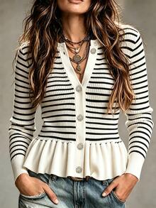 Ceyna Women's Casual Autumn/Winter Long Sleeve Cardigan With Beaded Rhinestone Striped Ruffle Trim, Elegant Plus Size Top, Business Formal Office - Black and White - View 1