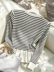 Ceyna Women's Casual Autumn/Winter Long Sleeve Cardigan With Beaded Rhinestone Striped Ruffle Trim, Elegant Plus Size Top, Business Formal Office - Black and White - View 2