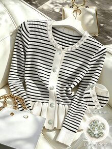 Ceyna Women's Casual Autumn/Winter Long Sleeve Cardigan With Beaded Rhinestone Striped Ruffle Trim, Elegant Plus Size Top, Business Formal Office - Black and White - View 7