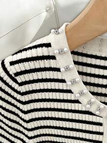 Ceyna Women's Casual Autumn/Winter Long Sleeve Cardigan With Beaded Rhinestone Striped Ruffle Trim, Elegant Plus Size Top, Business Formal Office - Black and White - View 4