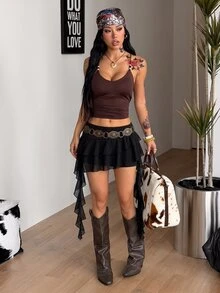Coolane Women's Summer Streetwear Casual Vacation Beach Outfits Boho Y2k Ribbon Mesh Stretchy Black Low Rise Mini Ruffle Tiered Skirt - Black - View 5