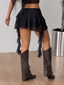 Coolane Women's Summer Streetwear Casual Vacation Beach Outfits Boho Y2k Ribbon Mesh Stretchy Black Low Rise Mini Ruffle Tiered Skirt - Black - View 6