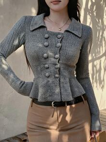 DAZY Cardigan Rajut Lengan Panjang Berkerah Abu-abu, Kancing Ganda Berlapis Kain, Potongan Ramping, Pinggang Terikat, dan Hem Bergelombang - Dark Grey - View 4