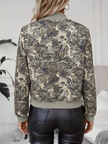SHEIN Holidaya 女款花卉印花長袖拉鍊休閒街頭棒球夾克 橄欖綠 秋季公路旅行旅行款 - 卡其色 - 查看 3