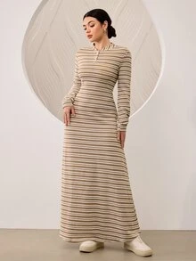 Graceveil Women's Casual Loose Textured Fabric Crew Neck Sweatshirt Maxi Dress, Autumn/Winter Style, Dual-Color Shell Textured Fabric, Beige And Coffee Striped Pattern, Suitable For Autumn Wear, Outdoor Activities, Work, Office Commute, Daily Wear - Brown - View 6