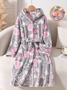 SHEIN Tween女孩卡通刺繡針織雙面抓絨連帽睡衣，冬季女孩幼兒睡衣，蓬鬆秋季睡袍 - 淺灰色 - 查看 9