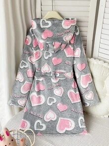 SHEIN Tween女孩卡通刺繡針織雙面抓絨連帽睡衣，冬季女孩幼兒睡衣，蓬鬆秋季睡袍 - 淺灰色 - 查看 2