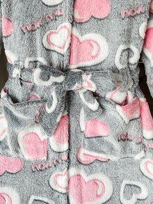 SHEIN Tween女孩卡通刺繡針織雙面抓絨連帽睡衣，冬季女孩幼兒睡衣，蓬鬆秋季睡袍 - 淺灰色 - 查看 5