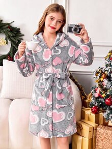 SHEIN Tween女孩卡通刺繡針織雙面抓絨連帽睡衣，冬季女孩幼兒睡衣，蓬鬆秋季睡袍 - 淺灰色 - 查看 8