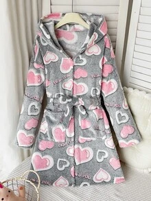 SHEIN Tween女孩卡通刺繡針織雙面抓絨連帽睡衣，冬季女孩幼兒睡衣，蓬鬆秋季睡袍 - 淺灰色 - 查看 1
