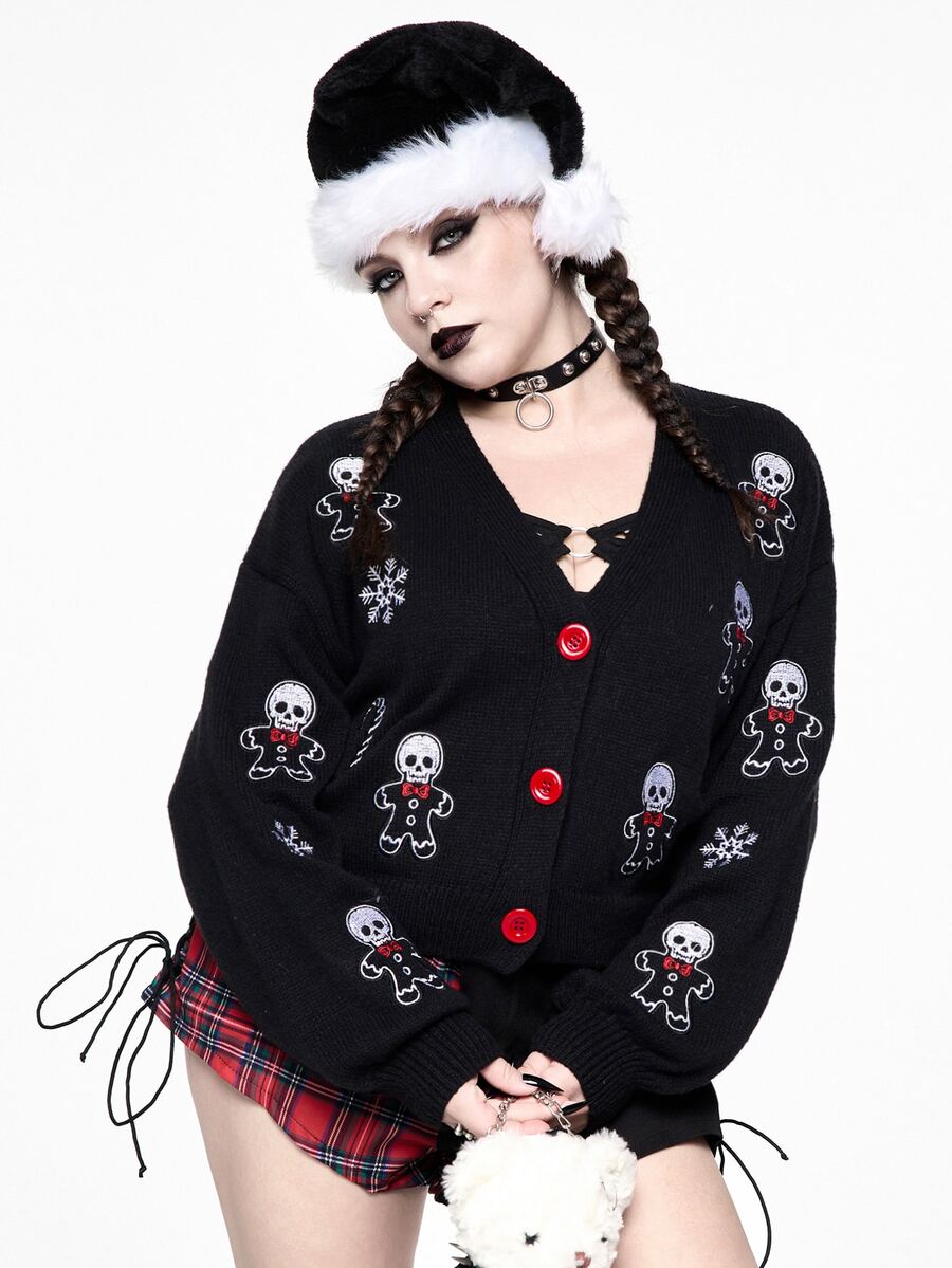 ROMWE Hippie Cardigan Rajut Lengan Panjang Bordir Tengkorak untuk Wanita Ukuran Besar - Hitam - View 1