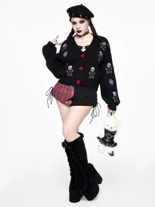 ROMWE Hippie Cardigan Rajut Lengan Panjang Bordir Tengkorak untuk Wanita Ukuran Besar - Hitam - View 6