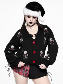 ROMWE Hippie Cardigan Rajut Lengan Panjang Bordir Tengkorak untuk Wanita Ukuran Besar - Hitam - View 8