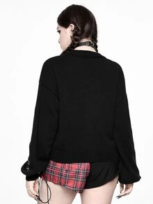 ROMWE Hippie Cardigan Rajut Lengan Panjang Bordir Tengkorak untuk Wanita Ukuran Besar - Hitam - View 3