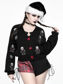 ROMWE Hippie Cardigan Rajut Lengan Panjang Bordir Tengkorak untuk Wanita Ukuran Besar - Hitam - View 9