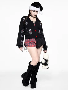 ROMWE Hippie Cardigan Rajut Lengan Panjang Bordir Tengkorak untuk Wanita Ukuran Besar - Hitam - View 7