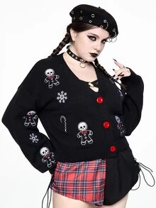 ROMWE Hippie Cardigan Rajut Lengan Panjang Bordir Tengkorak untuk Wanita Ukuran Besar - Hitam - View 5