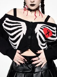 ROMWE Christmas Dark Gothic Style Plus Size Women's Short Cardigan Sweater With Skull Ribcage And Red Heart Pattern, Cold Shoulder Strap Button Design, Holiday Party Cropped Cardigan - Black - View 2