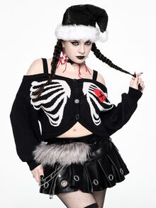 ROMWE Christmas Dark Gothic Style Plus Size Women's Short Cardigan Sweater With Skull Ribcage And Red Heart Pattern, Cold Shoulder Strap Button Design, Holiday Party Cropped Cardigan - Black - View 1