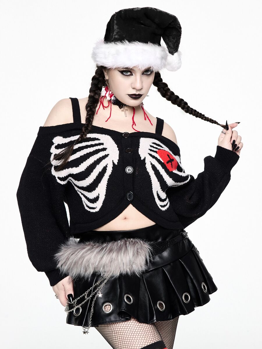 ROMWE Christmas Dark Gothic Style Plus Size Women's Short Cardigan Sweater With Skull Ribcage And Red Heart Pattern, Cold Shoulder Strap Button Design, Holiday Party Cropped Cardigan - Black - View 1
