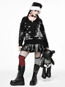 ROMWE Christmas Dark Gothic Style Plus Size Women's Knitted Cardigan, Skull Christmas Tree Snowflake Star Jacquard V-Neck Button Design Loose Long Sleeve Sweater Jacket For Holiday Party - Black - View 7